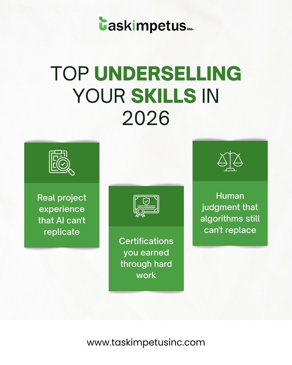 taskimpetus's tweet photo. In 2026, the biggest mistake isn’t lacking skills it’s underselling what you already bring to the table. 🚀
Your real-world experience, hard-earned certifications, and human judgment are your strongest assets in an AI-driven world.
#CareerGrowth #SkillUp #ProfessionalDevelopment https://t.co/8Ou7QlUYtv