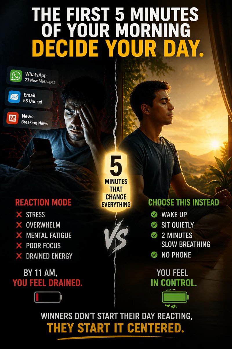 Kapiltuli2020's tweet image. The first 5 minutes of your morning decide your entire day.

Phone = reaction
Pause = control

Try 2 minutes of silence before your phone tomorrow.

#MorningRoutine #Productivity #Mindset