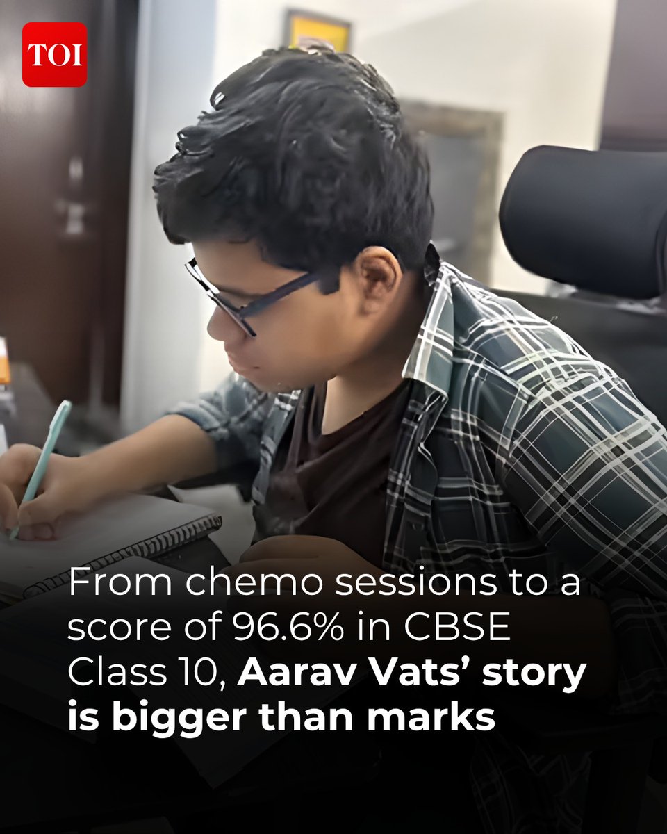 timesofindia's tweet image. #AaravVats scored 96.6% in the #CBSE Class 10 board #exams while undergoing treatment for lymphoblastic lymphoma, a rare and aggressive #cancer. Behind the marks lay #chemotherapy, fatigue, flexible #teachers, supportive #parents and a teenager’s quiet refusal to give up — making