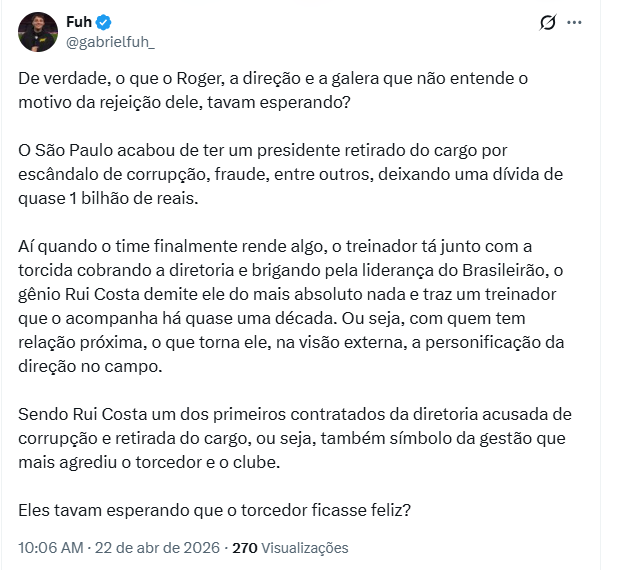 <a href="/futebol_info/">Planeta do Futebol 🌎</a> <a href="/UOL/">UOL</a> simples, e a gente sabe que se o ROGER cair o RUI vai junto entao sobrou pro Roger, quer parar as vaia e cobrança demite o Rui costa.