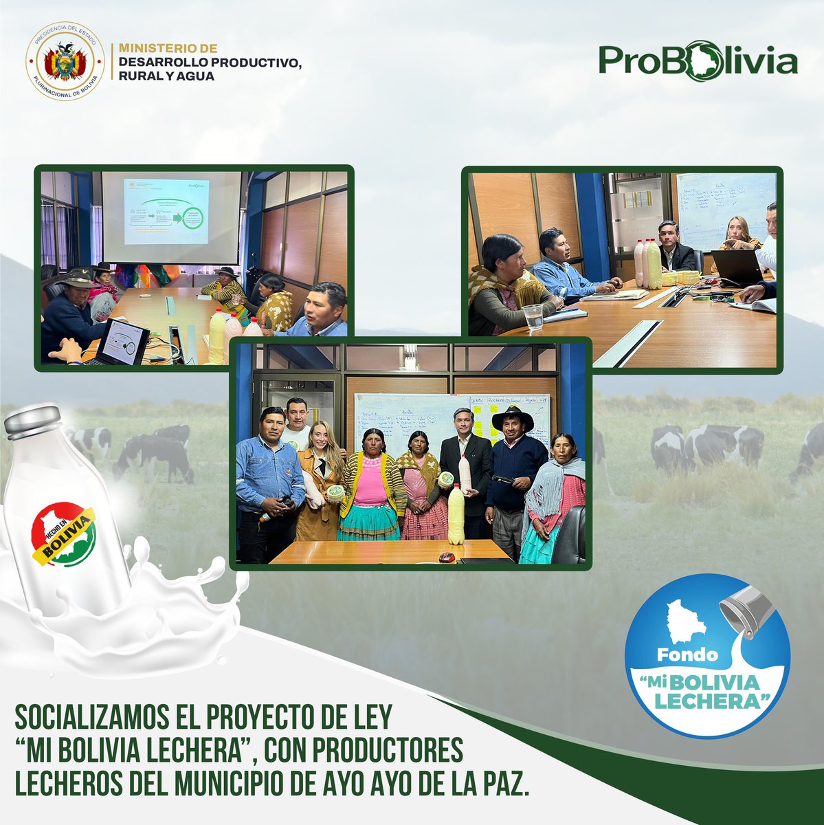 ProBoliviaGob's tweet photo. #ProBolivia II Nos reunimos con representantes de productores lecheros de Ayo Ayo de La Paz, para socializar los alcances del Proyecto de Ley "Mi Bolivia Lechera".
Nuestro compromiso es fortalecer la producción nacional y brindar mejores oportunidades al sector lechero.
#Bolivia https://t.co/IPM46RvTvz