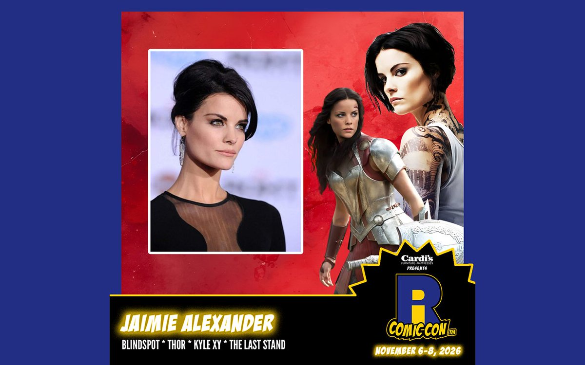 ricomiccon's tweet photo. Please welcome Jaimie Alexander to #RICC2026 at @the_amppvd and @riconvention! Jaimie is best known as Lady Sif in Thor and Thor: The Dark World, and reprised the role in Agents of S.H.I.E.L.D. and Loki. She also starred as Jane Doe in Blindspot and gained early recognition as Jessi on Kyle XY.

Buy tickets now at https://t.co/u7bBwLKecu!
#JaimieAlexander #Thor #Blindspot
