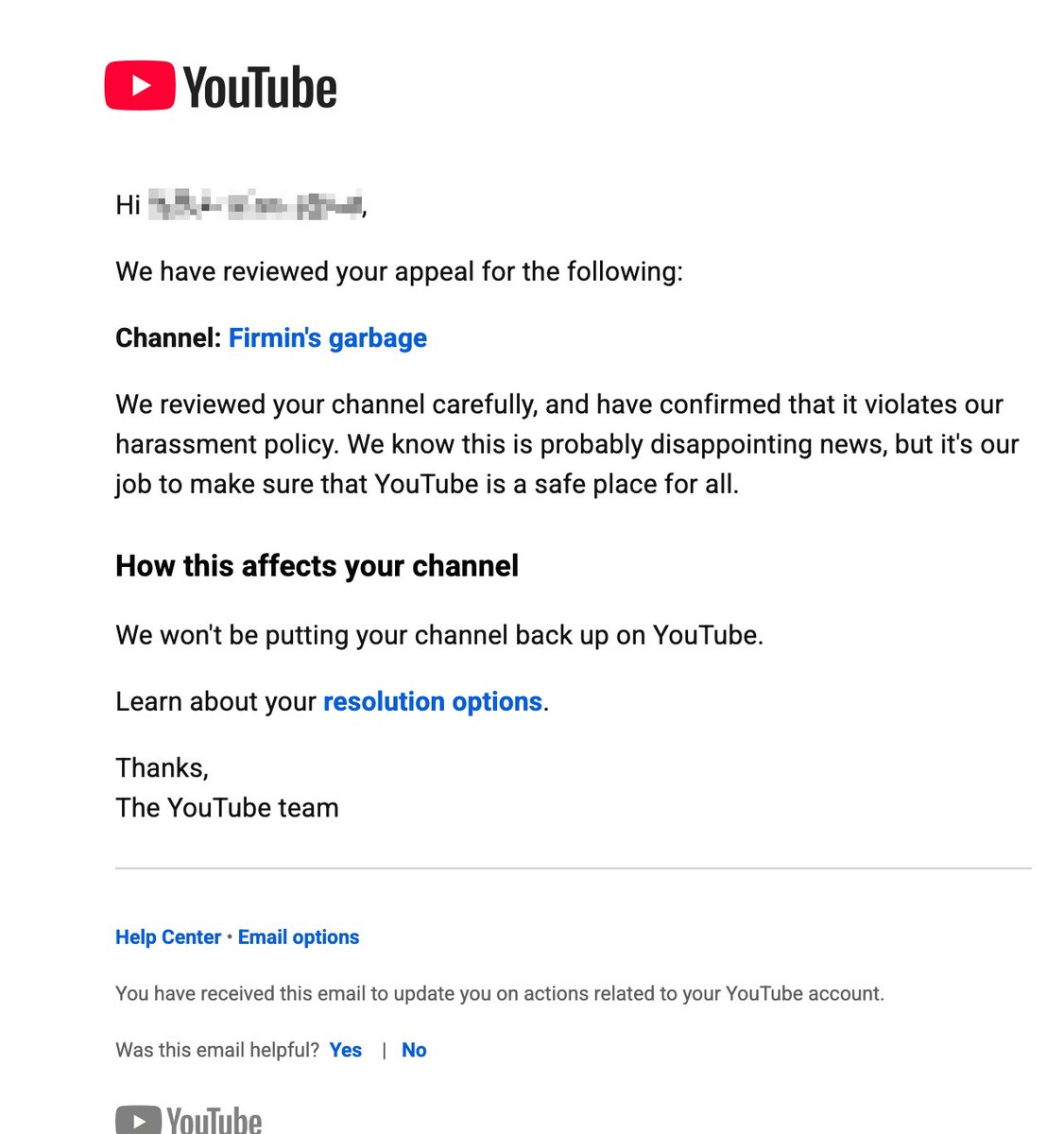 firm1underscore's tweet photo. @TeamYouTube I received the appeal decision in under 5 minutes. I don't believe any human has reviewed my request. The emails I received contain no explanation, no reference number, no date, and no supporting evidence. https://t.co/USx0nBqh8N