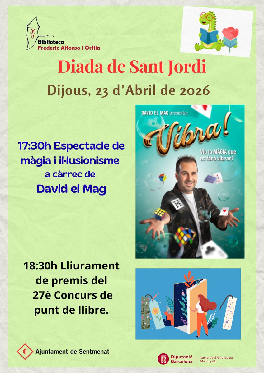 Demà Sant Jordi! Vine a gaudir del dia més màgic de l'any amb l'espectacle "Vibra" de David el mag.
🌹🐉📚
#Biblioteca de #Sentmenat
#BibliotecadeSentmenat
#bibliotequesxbm