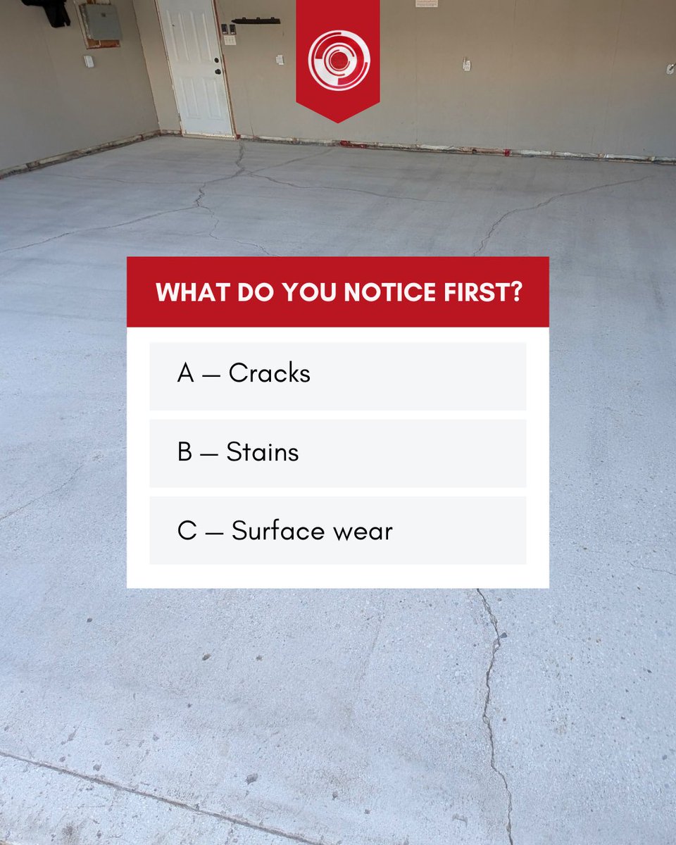 immortalconc's tweet photo. Garage floors in #YorktonSK often show cracks, stains, or surface wear. Looking at this floor, what stands out first? A-Cracks B-Stains C-Wear. Understanding concrete condition is the first step before installing #EpoxyFlooring or #ConcreteCoatingSK https://t.co/YXYfnrljSj