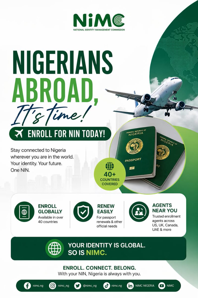 specialsindy's tweet image. Anywhere you are in the world, your identity matters 🇳🇬

Get your NIN seamlessly through agents in the US, UK, Canada, UAE, and over 40 countries.

Simple. Fast. Accessible.

#NIMC #NIN #GlobalNigerian #Diaspora
