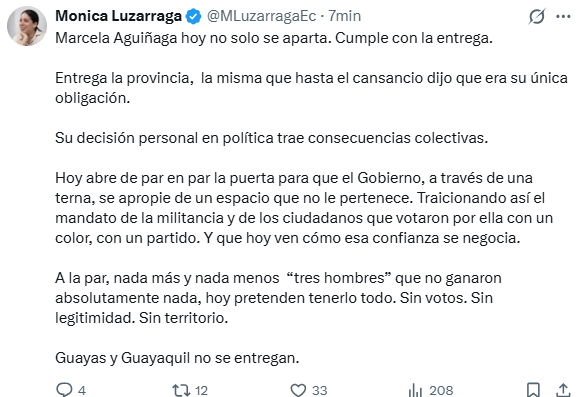 EcEnDirecto's tweet image. #ATENCIÓN 
La jurista @MLuzarragaEc mencionó que hoy @marcelaguinaga entrega la provincia del #Guayas, "la misma que hasta el cansancio dijo que era su única obligación". Esto, respecto a que hoy el Consejo Provincial elegirá al nuevo Viceprefecto, en una terna que la encabeza