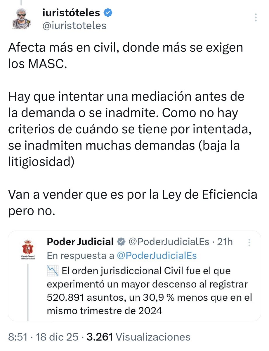 🚨Es todo tan predecible que resultaría hasta gracioso... si no fuese porque han colapsado los Juzgados con una reforma absurda y caótica.

El Ministerio vende como un éxito que su reforma haya impedido al ciudadano llegar al Juzgado poniéndole trabas. Es demencial.

Se avisó.