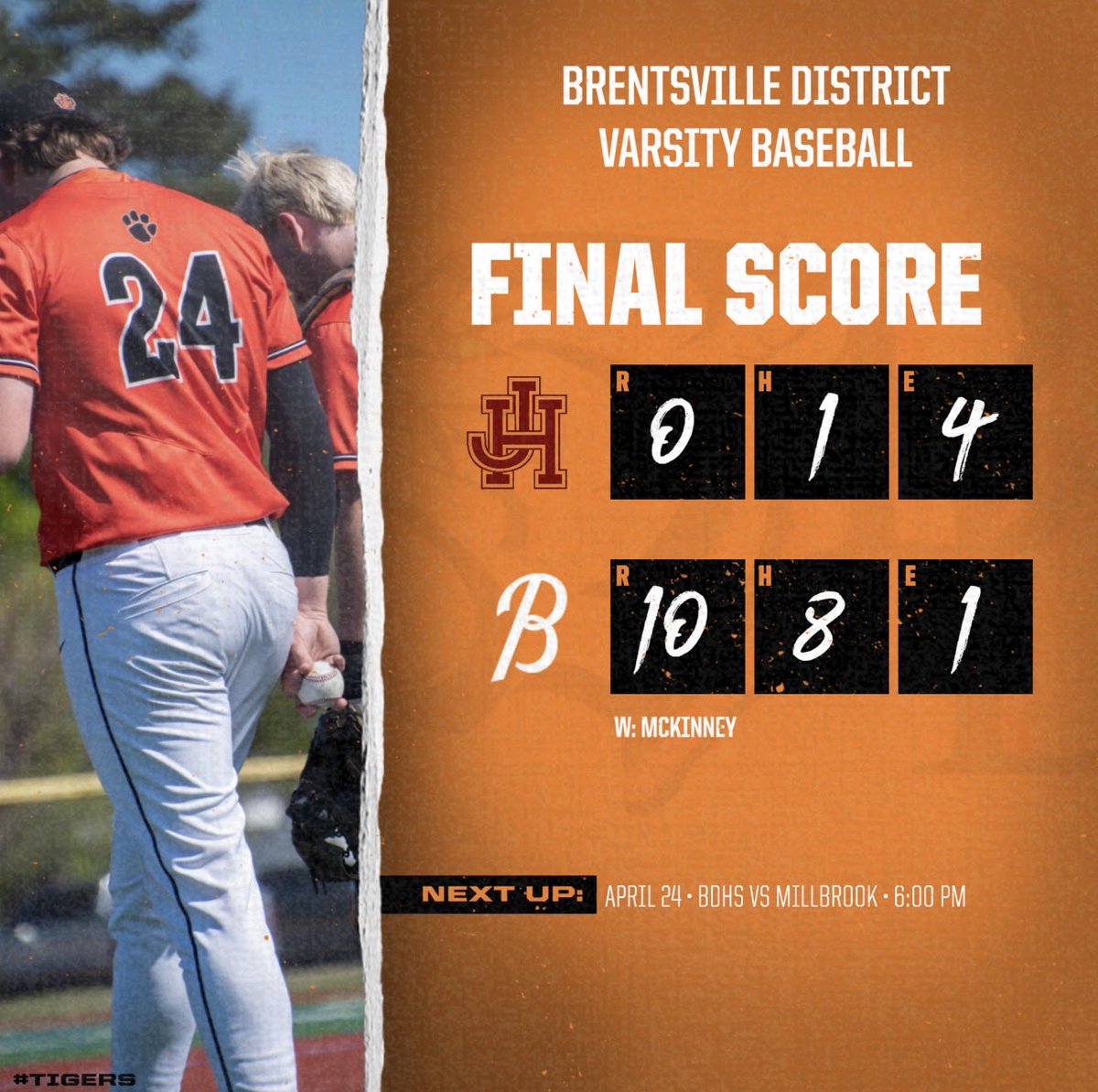 bdtigerbaseball's tweet photo. FINAL:

Varsity Tigers (10-3) picks up the road victory over John Handley (2-10), while JV gets the win 12-7 over Patriot!

Varsity Highlights:
- @levirussell2029 3-3, 1(3B), 1(2B), 1(SB), 1(RBI), 2(R)
- @daniel_search28 6.0(IP), 1(H), 0(R), 9(Ks) + 74% strikes https://t.co/SLdv0aCE5G