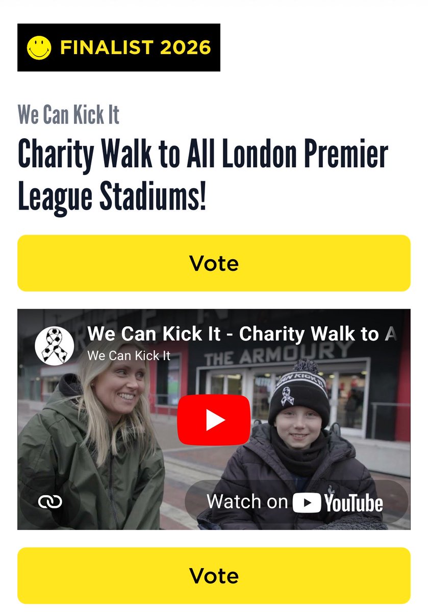 wecankickit's tweet photo. Voting ends at midnight on Thursday! 🗳️
Please cast your vote for our stadium walk video 🎥 by @MotherBrownFilm below ⬇️ @SmileyCFA 

https://t.co/kKS3uZBhj0

Together #wecankickit ⚽️🎗 https://t.co/Lt6SipzDfE