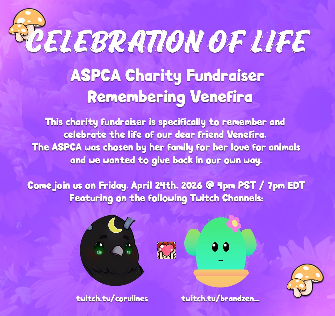 corviines's tweet photo. Please join me on April 24th @ 4pm PST for a Celebration of Life Charity Fundraiser for the ASPCA in memory of our friend Venefira. We have a few things planned where we will game, share memories and celebrate. Even if you are unable to donate, feel free to stop by and say hi https://t.co/pXO4x226tJ