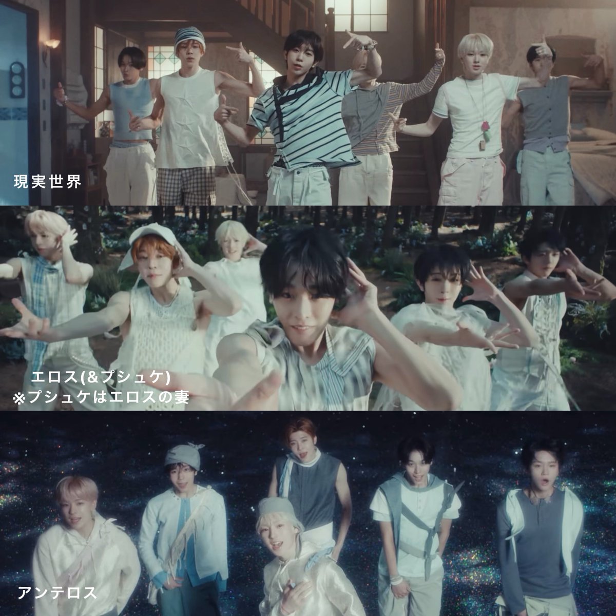 エロス(e)であるシオン、プシュケであるジェヒ、アンテロス(a)であるユウシが鍵なのかな。
･🌷(e)が魂の神プシュケである🌳に矢を撃つと、プシュケは蛾の姿に。
･そしてeではなく現実世界の🌷と天界の🌳が交差し、先程の蛾とどこかへ落ちていく⭐️(a)の構図はよく見ると重なって見えます。