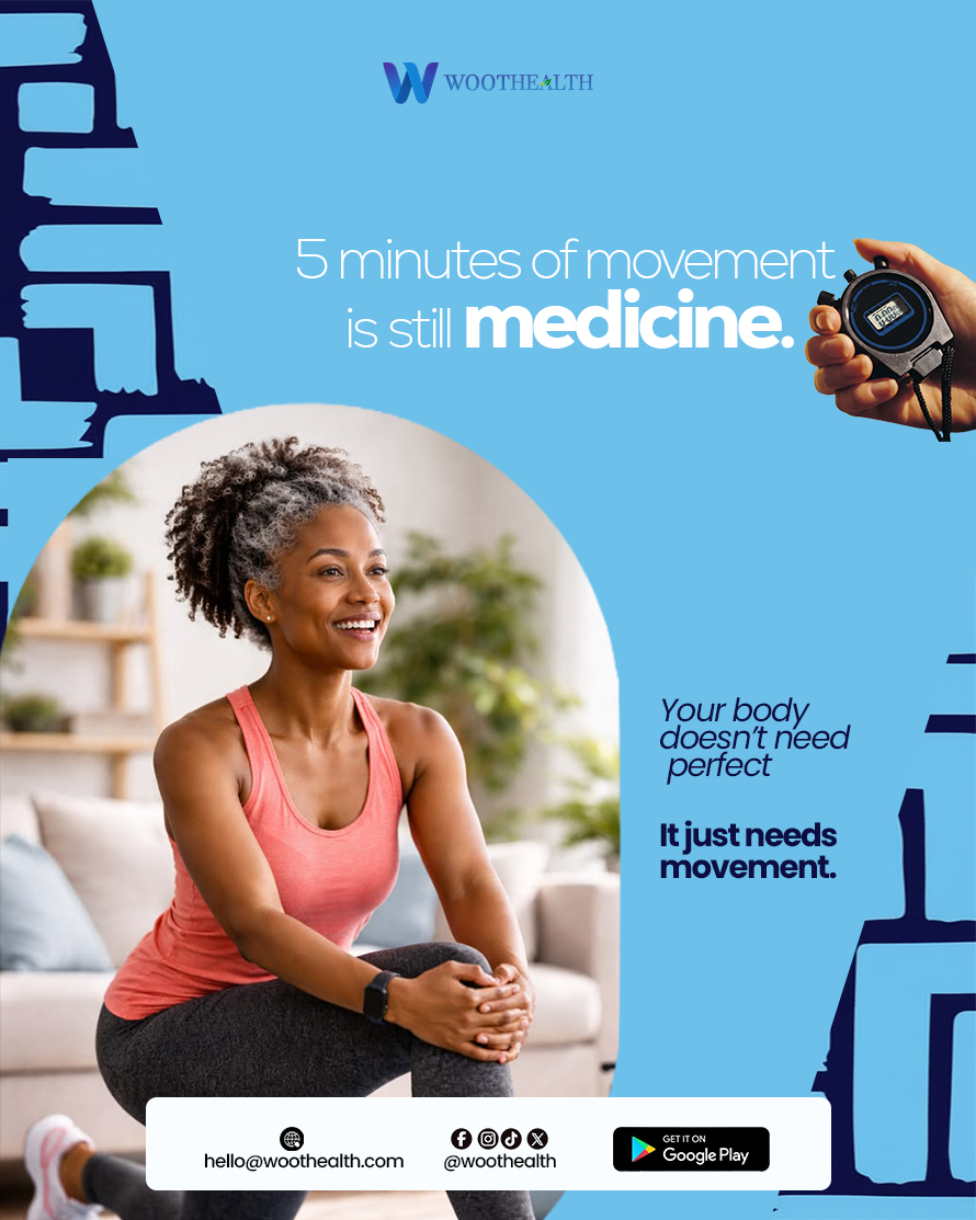 WootHealth's tweet photo. You don’t need one hour.
You just need 5 minutes you won’t skip.
Between traffic, work, and everything else…
that small movement still counts.

Your body notices it.
Even when you think it doesn’t.

#healthcarenotwarfare https://t.co/k9aGcSQl0E
