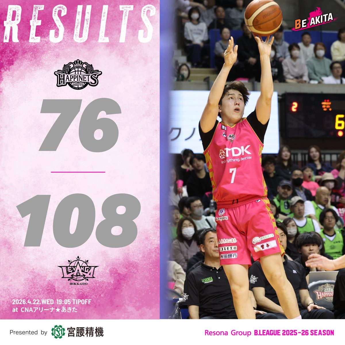 4/22（水）VSレバンガ北海道】 ▽試合結果・HC＆選手コメント・写真