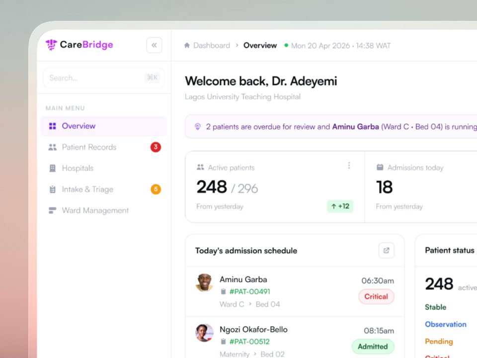 uxdimeji's tweet image. Hospital operations are too critical to be managed on paperwork and phone calls. Designed CareBridge to change that.

Open for gigs, DM me.

#ProductDesign #UIUX #HealthTech