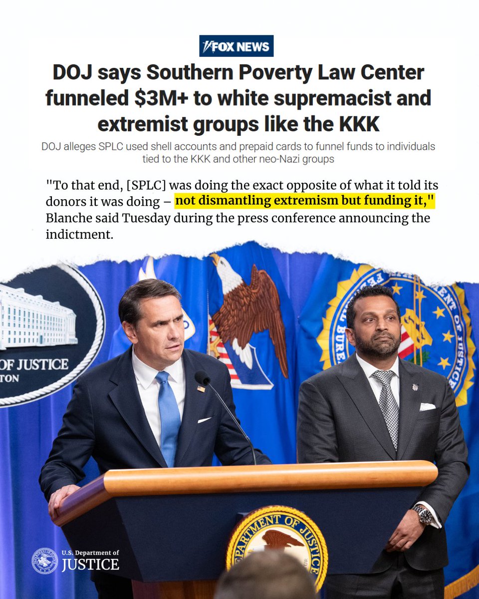 🚨DOJ says Southern Poverty Law Center funneled $3M+ to white supremacist and extremist groups like the KKK

🔗: foxnews.com/politics/doj-s…