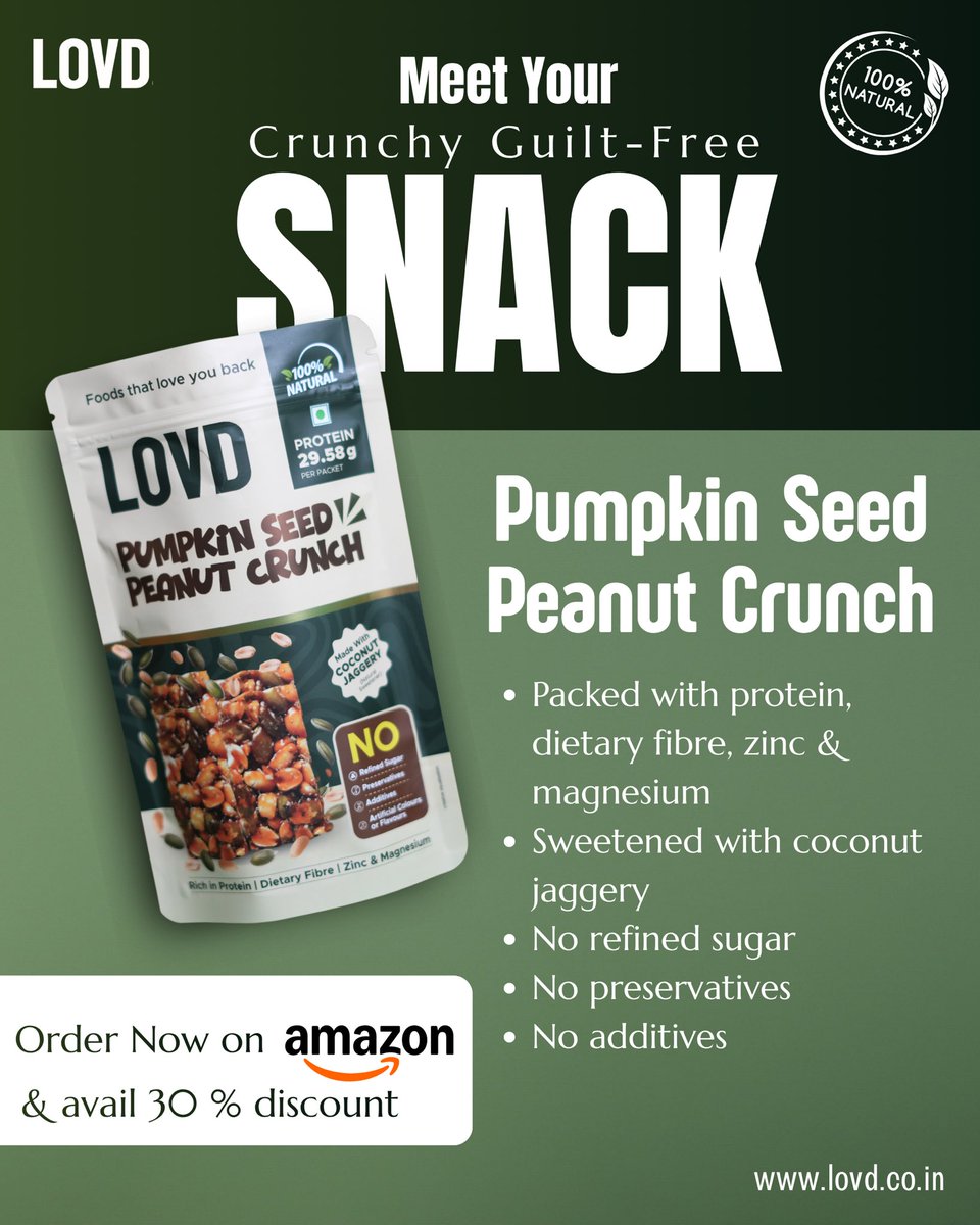 lovdfoods's tweet photo. Meet your new crunchy, guilt-free snack! 
LOVD’s Pumpkin Seed Peanut Crunch is packed with protein, fibre, and essential minerals—naturally sweetened with coconut jaggery. Now available on Amazon with 30% off—grab yours today! Click to order https://t.co/8trLayOiL4 #food https://t.co/SyfBBpYnua