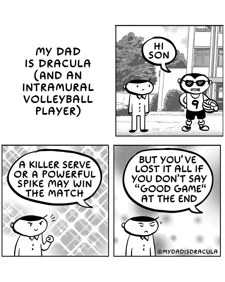 mydadisdracula's tweet image. "Son, the best serve you can deliver is a plate of orange slices and a cup of Gatorade." 🏐 #webcomics #art