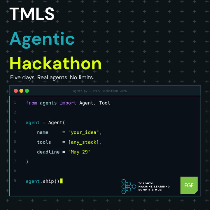 TMLS_TO's tweet photo. One person with the right AI tools can go from idea to working product in days.

TMLS and FGF Brands are putting that to the test at Toronto Tech Week. 5-day agentic hackathon, any stack, demo to judges on Friday.

May 25–29, Toronto, CA https://t.co/TA0Le3zwLy