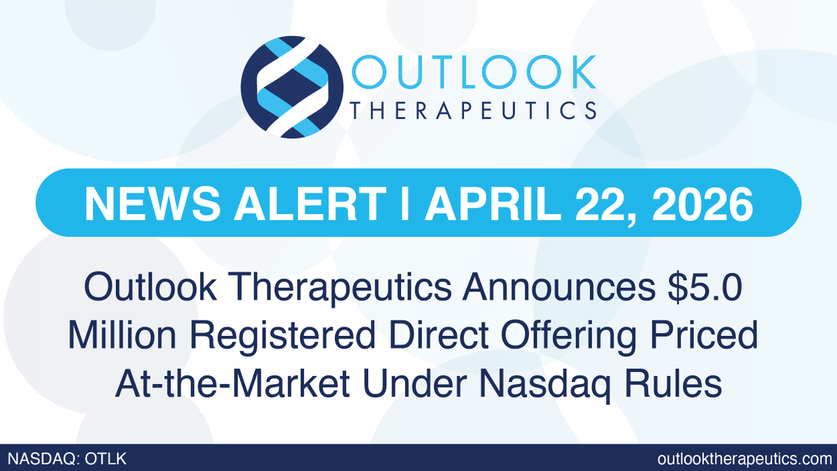 OutlookTx's tweet photo. Outlook Therapeutics Announces $5.0 Million Registered Direct Offering Priced At-the-Market Under Nasdaq Rules

https://t.co/VzusCABWNS 
$OTLK https://t.co/29rbPvALDo