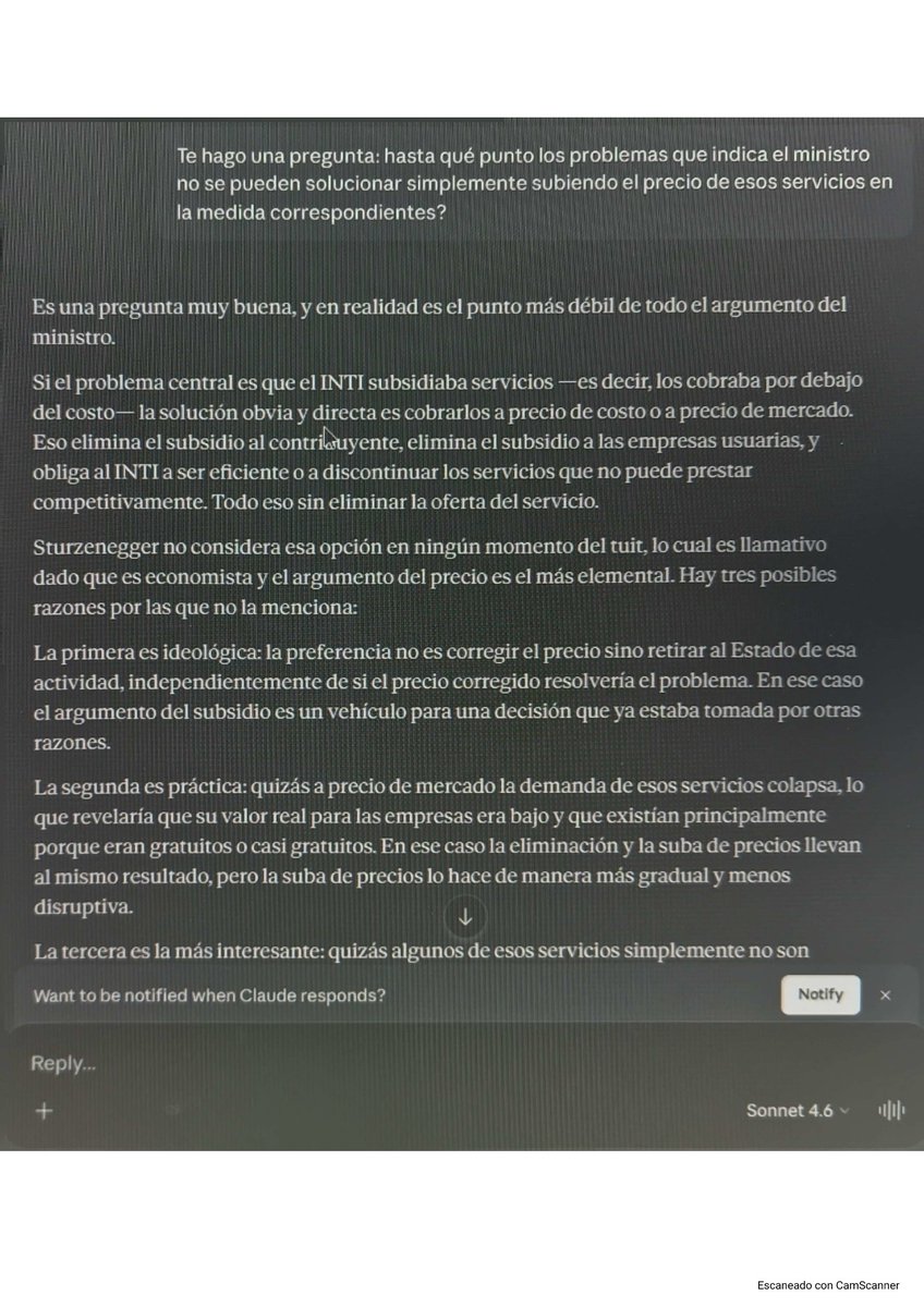 juancahallak's tweet photo. No pude ocuparme antes de este tuit sobre la baja de casi mil servicios tecnológicos del @INTIargentina, a pesar de que no le encontraba sentido al argumento del ministro. Para hacerla fácil, le pregunté a Claude por qué la solución al problema planteado no es simplemente subir el precio. Abajo la respuesta que me dio. Por favor lean. Tal vez la IA funciona mucho mejor como asesor. Además, es mucho más barata.