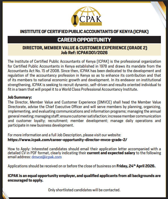 ICPAK_Kenya's tweet image. 🚨 We’re hiring!

ICPAK is seeking a Director, Member Value &amp;amp; Customer Experience to drive engagement and deliver exceptional member experiences.

Apply by 24 April 2026 (COB)
Ref: ICPAK001/2026
Email: dmvce@icpak.com

More info: icpak.com/career-opportu…

#CareerGrowth