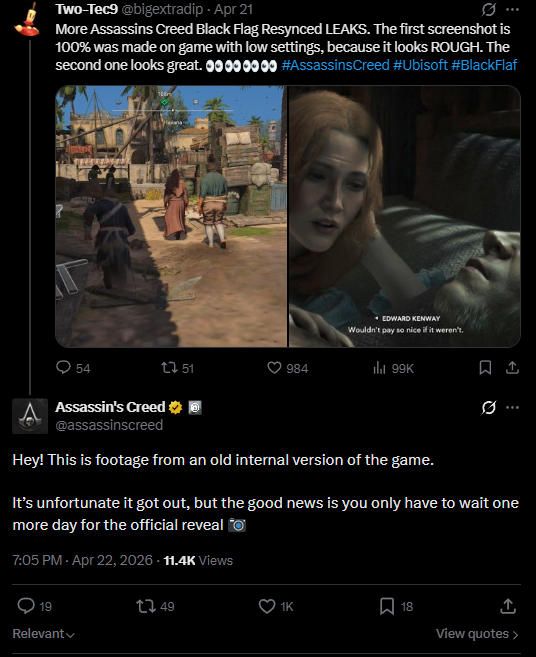kevincreednews's tweet image. 🟦 @assassinscreed replied to the leaks and they mentioned it as an old internal version of the game.

#AssassinsCreedBlackFlagResynced #AssassinsCreed #Ubisoft