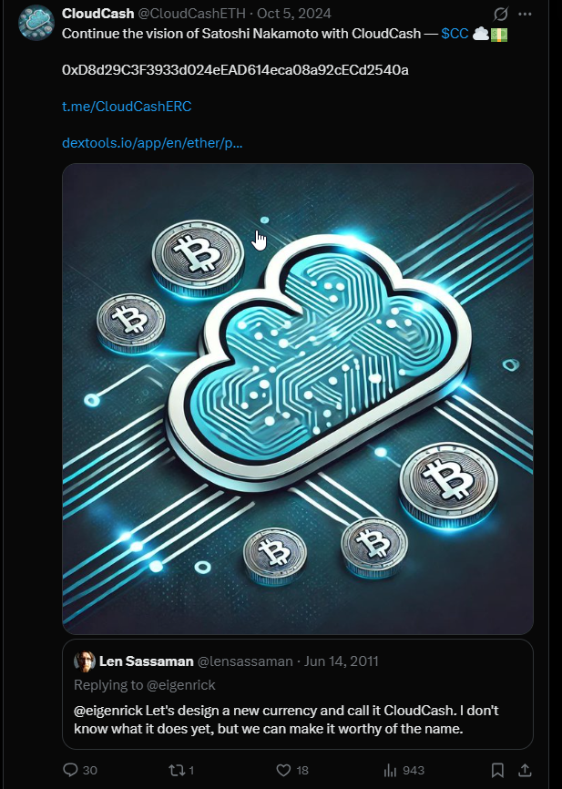 Reljoooo's tweet photo. Gambling on this on eth 

$CC - Cloud Cash 12k

Coinbase just exposed who satoshi is and  Lenn is one of them. Lenn  said we should launch CloudCash and theres a 2024 one on eth

sounds free to me https://t.co/BcfJ9IoELu
