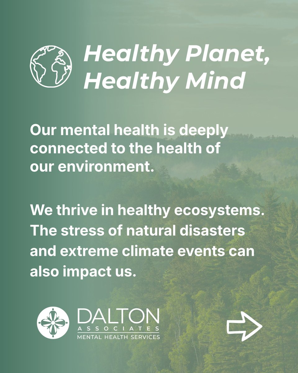DaltonAssociate's tweet photo. Our mental health doesn’t exist in isolation. It’s shaped by the world around us.

Time in nature can calm our nervous system, restore focus, and support emotional well-being. At the same time, environmental change and loss are creating real experiences of stress, grief, and uncertainty for many people.

If you’ve been feeling overwhelmed, disconnected, or impacted by what’s happening in the world around you, you’re not alone. These responses are valid, and support is available.

At Dalton Associates, we provide personalized, human-centered mental health support designed to meet you where you are. Whether you’re navigating stress, anxiety, or something harder to name, our team is here to help.

Reach out today to book a session or connect with a Care Manager and access the support you need: https://t.co/BUDQVddIS5

#DaltonAssociates #MentalWellness #EarthDay