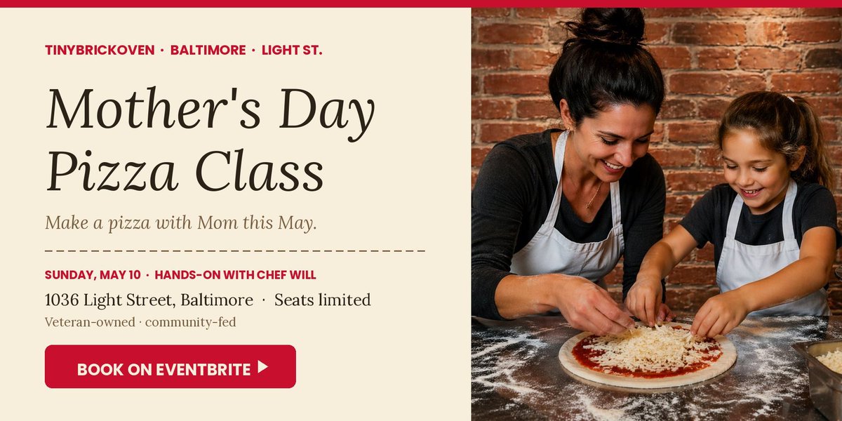 tbofedhill's tweet image. Mom deserves better than brunch. 🍕💐
Join us Sunday, May 10 for a hands-on Mother's Day Pizza Class at Tinybrickoven. Real dough, real fire, a Sunday she'll actually remember.

🎟 Book on Eventbrite: …zaclassattinybrickoven.eventbrite.com

#tinybrickoven #pizza #maryland #baltimore