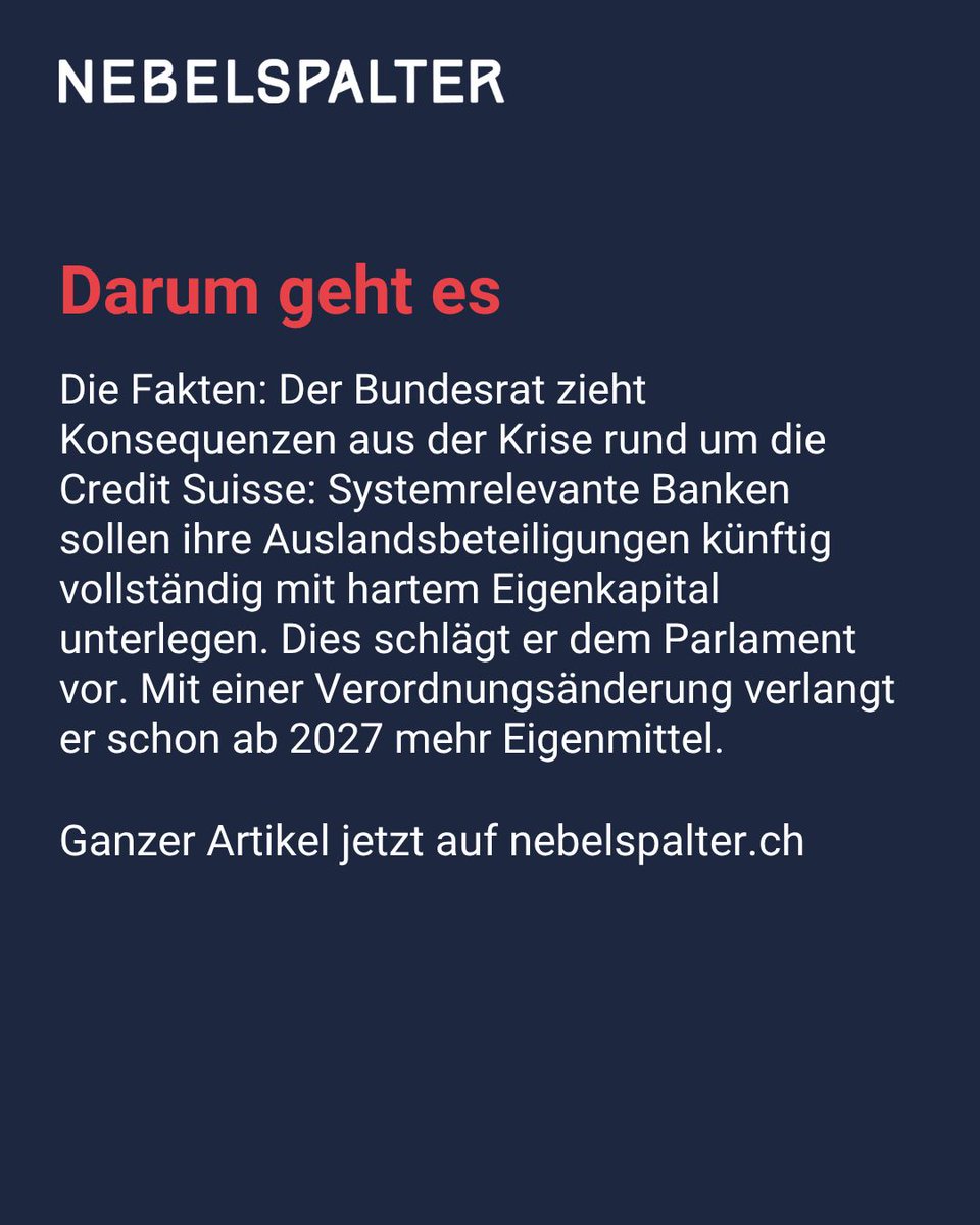 nebelspalter's tweet image. Too big to fail: Bundesrat verschärft Regeln

Zum ganzen Artikel: buff.ly/48SRQK2 

#NebelspalterNews #Politik #SchweizerPolitik