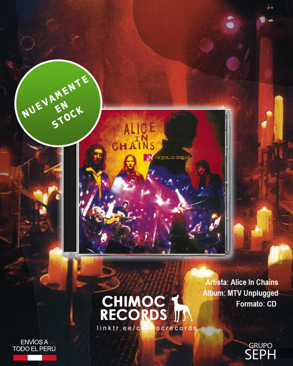 ¡Nuevamente disponible en stock! 🖤🖤🖤
Alice In Chains MTV Unplugged
CD nuevo y sellado
➡️ Precio: S/ 59

#AliceInChains #AIC #AliceInChains30 #JerryCantrell #LayneStaley #Unplugged #MTVUnplugged #AICUnplugged #AICMTVUnplugged