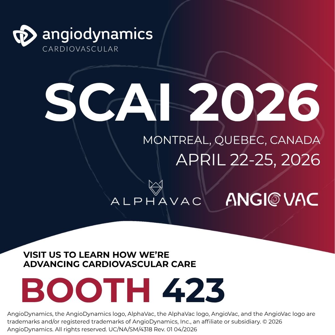 AngioDynamicsCV's tweet image. Visit us at booth #423 at #SCAI2026 to learn more about AngioDynamics comprehensive clot management solutions, and experience hands-on simulations with the AlphaVac System and the AngioVac System.

Risk Info: angiodynamics.com/about-us/risk-…  

#AlphaVac #Thrombectomy #CardiovascularCare