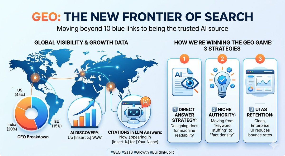 Manickavasagan_'s tweet image. SEO is changing, and GEO (Generative Engine Optimization) is taking over. 📈

The data shows that being cited by AI models is now just as important as ranking on Google. Focus on clean data and clear answers. 🤖

#BuildInPublic #Growth #SaaS