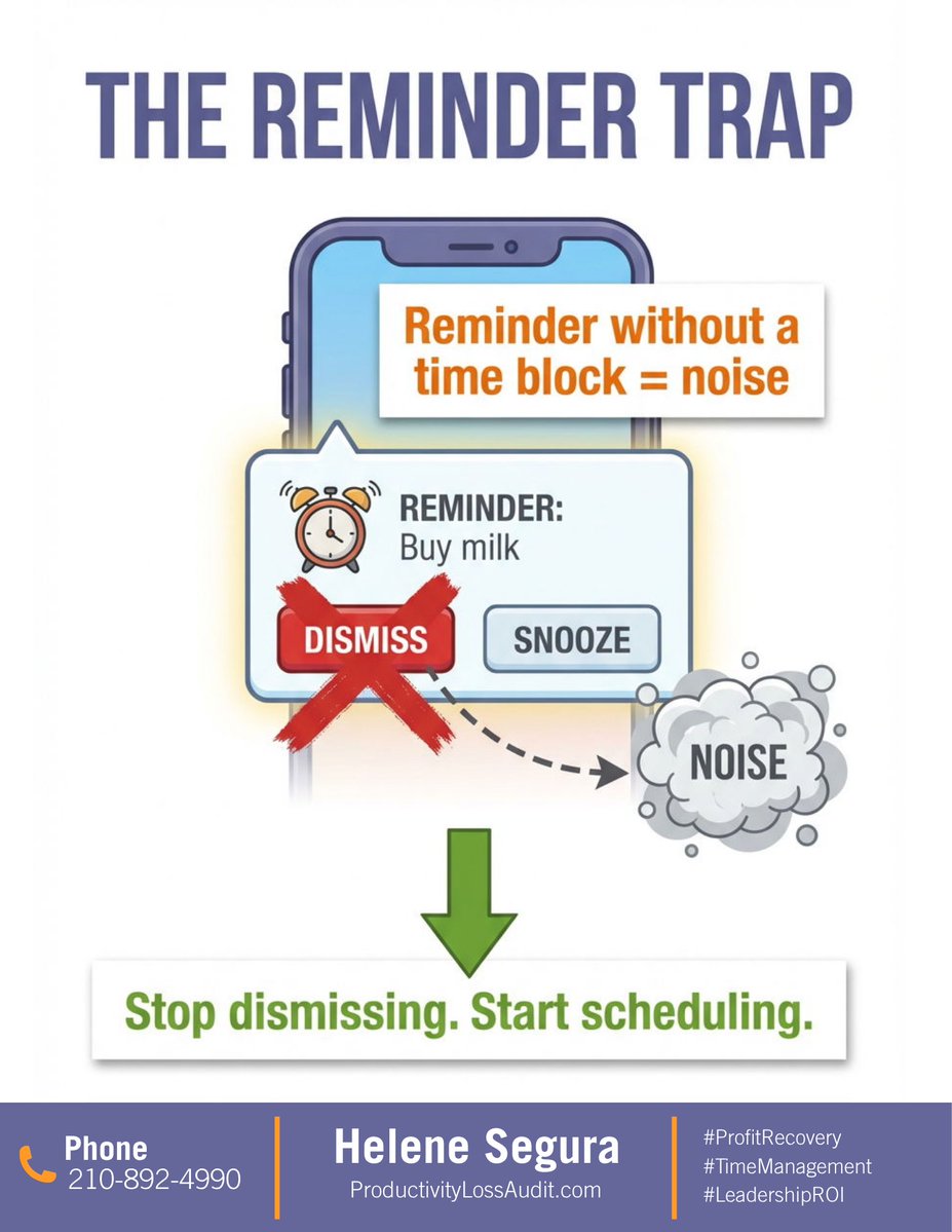 LivingOrderSA's tweet image. Reminders don't work if you click "dismiss."

Setting a reminder ≠ getting it done.

Two rules:
Set them BEFORE the due date
When it pops, schedule time to act

No time block = just noise.

Stop dismissing. Start scheduling.

#ProductivityTips #TimeManagement #Systems