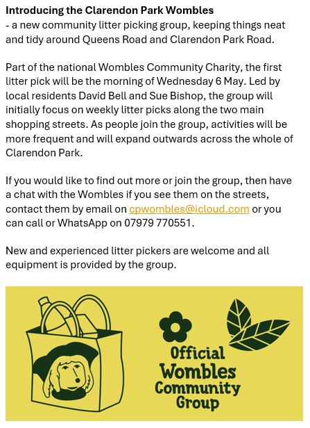 ClarryPark's tweet photo. CLARENDON PARK WOMBLES

We're looking forward to joining #ClarendonParkWombles for their first weekly litter pick starting at 9am on Wednesday 6th May.

Link to Facebook event:
https://t.co/BJ9FjkzqPD

#FCP https://t.co/NbGaafTHxp