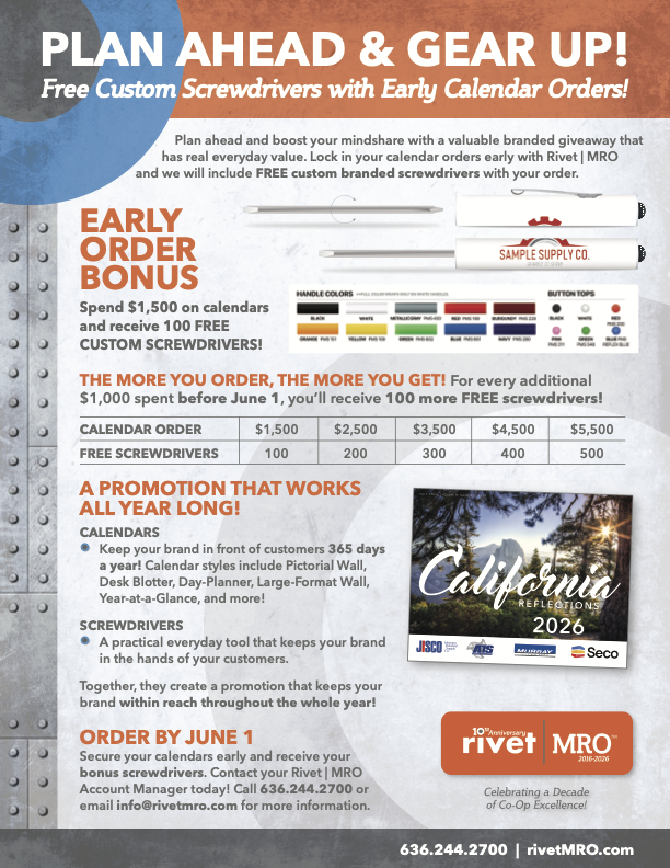 RivetMRO's tweet photo. ⚙️Plan Ahead &amp; Gear Up with Rivet|MRO 🗓️

Lock in your 2026 calendars by June 1 and receive:
✅ 100 FREE branded mini-screwdrivers with $1,500 spend
 ✅ Styles for every workspace
 ✅ Daily brand visibility
 ✅ More calendars = more screwdrivers

🔗 https://t.co/tQ5oTAG9nX https://t.co/F5DHR4v4NU