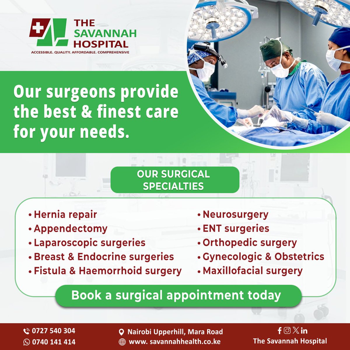 Savannah_Health's tweet photo. Expert surgical care you can rely on.
At Savannah Hospital, we combine advanced technology with compassionate care to ensure the best outcomes for every patient.

📞 Call us on 0740 141414 to book your surgical appointment today. https://t.co/FCTDRIxIkh