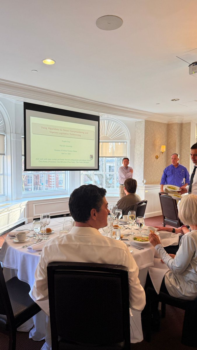 Harvard_GovDept's tweet image. Last week Professor Kosuke Imai presented at the Department Horizons of Political Science Dinner, discussing #redistricting as a major policy problem, how we can use data and algorithms to evaluate redistricting plans, and the technological solution to detecting #gerrymandering.