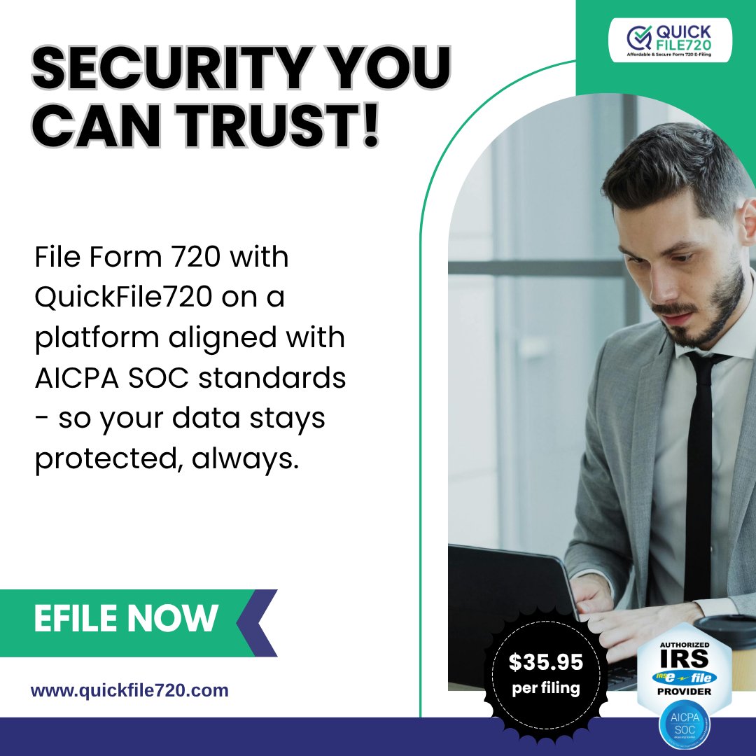 Quickfile_720's tweet photo. QuickFile720 offers a secure, AICPA SOC-certified portal - so every Form 720 filing is handled with reliability you can trust. https://t.co/tQqOiy0Bav

#form720 #aicpasoc #excisetax #quickfile720 https://t.co/wSi6DcuLny