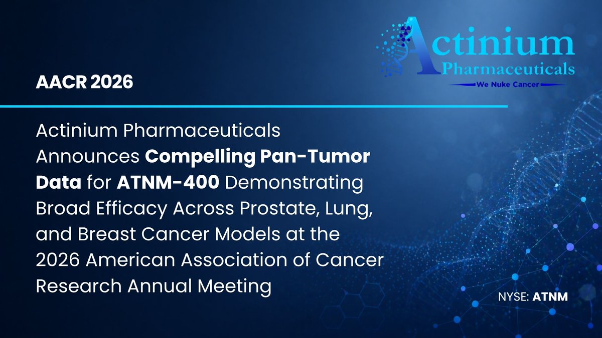 ActiniumPharma's tweet photo. Actinium announced compelling pan-tumor data for ATNM-400 demonstrating broad efficacy across prostate, lung, and breast cancer models at #AACR26.

Read more: https://t.co/0exe7xZaZx $ATNM https://t.co/C2syOkDL1j
