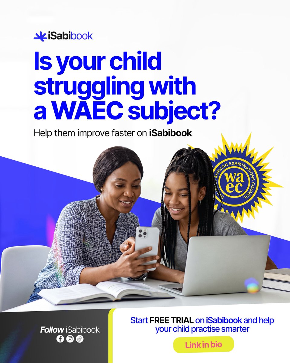 IsabibookNg's tweet photo. It’s WAEC season.

One weak subject can affect everything.

Help your child focus on what they don’t understand and improve faster.

With iSabibook, they can practise by topic, get clear feedback, and track their progress.

Start a free trial → https://t.co/yQhq6GGaOv https://t.co/IkdUaeDVvi
