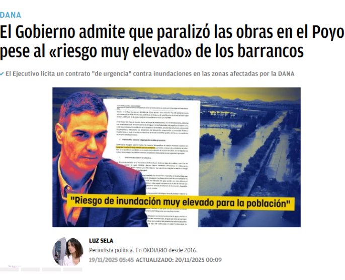 <a href="/SarahPerezSanta/">Sarah Santaolalla. ♀</a> No como Sánchez que paralizó las obras del Poyo a sabiendas del peligro que suponía.