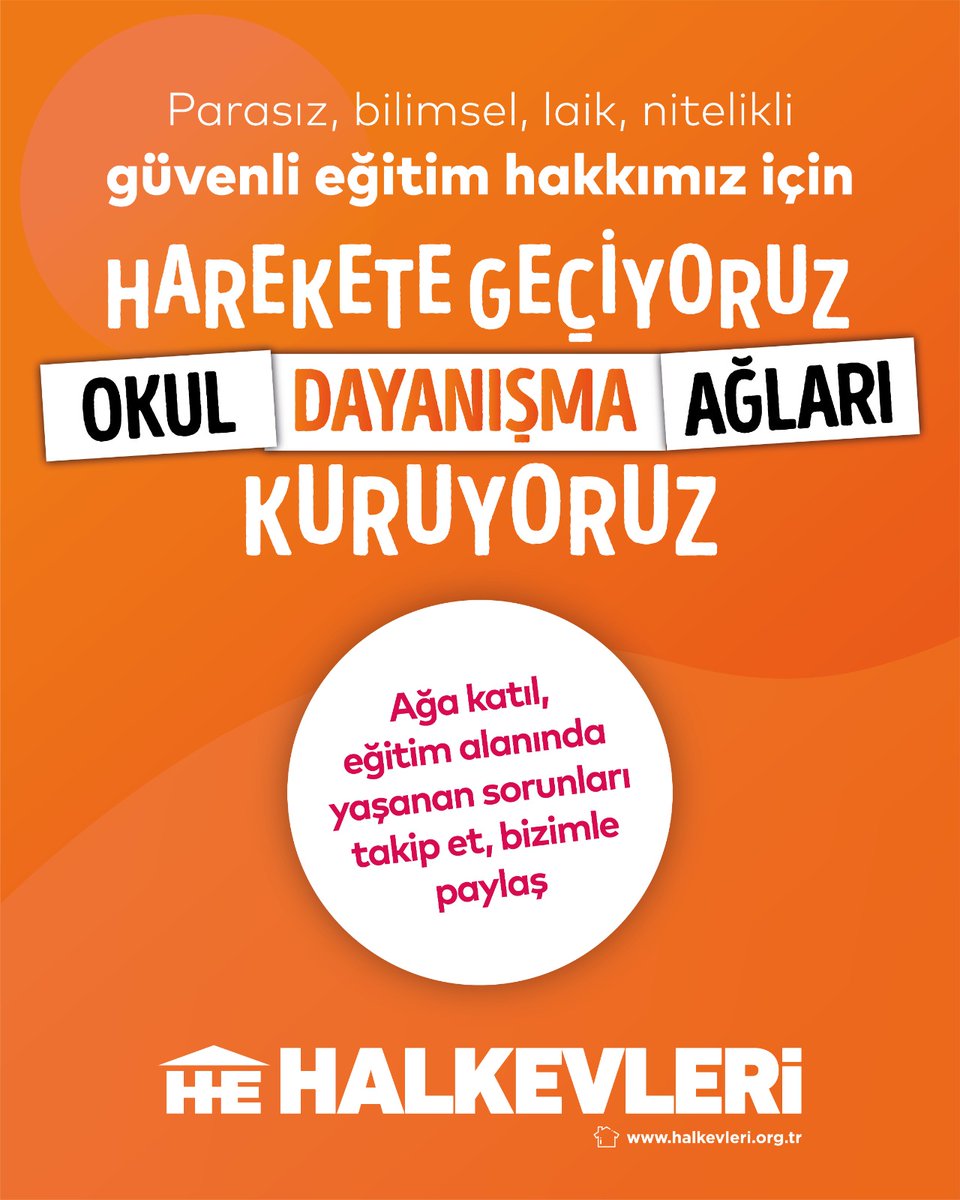 Parasız, bilimsel, laik, nitelikli ve güvenli eğitim hakkımız için;

📣Harekete geçiyoruz, 
Okul Dayanışma Ağlarımızı kuruyoruz! 

📝Ağa katıl; eğitim alanında, okulunda yaşanan sorunları takip et, bizimle paylaş. Dayanışmamızı büyütelim, eğitim hakkımız için birlikte mücadele