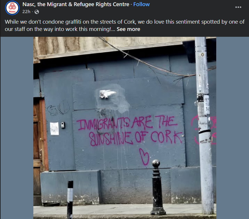 Why are 'immigrants' 'the sunshine of Cork'? Why are they better than the natives? Fuck off with your racist shite.

Imagine defacing property in an African country to say that foreigners are better than the native population.