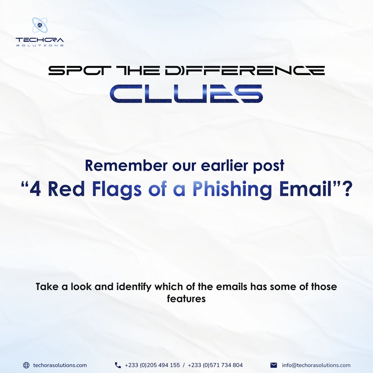 Techora_soln's tweet image. Remember previous post on the “4 Red Flags of a Phishing Email” 👀
That’s the clue. Head back, take a second look, and find the phishing signs.
Think you can spot the difference now?

#CyberAwareness #OnlineSafety #PhishingAlert #TechTips #TechoraSolutions