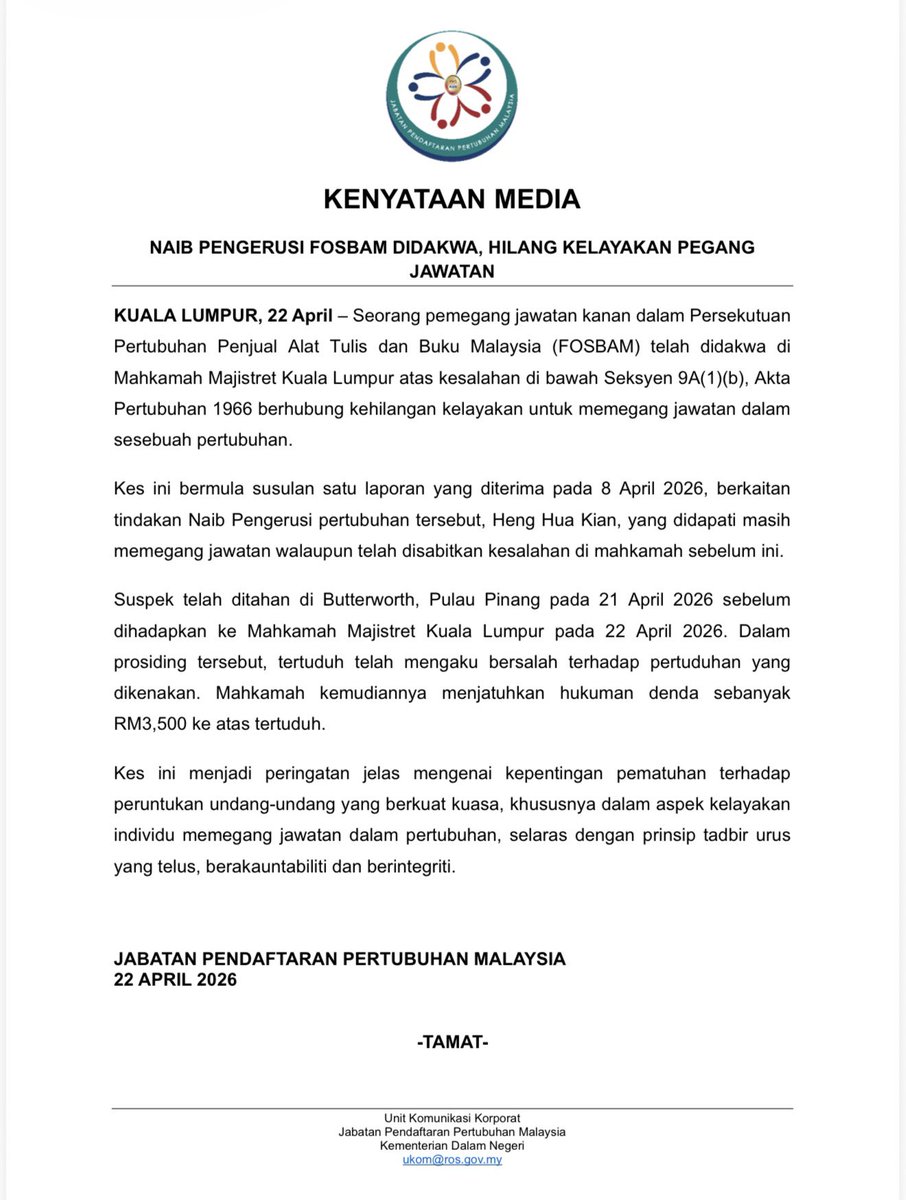 jppm_my's tweet image. [KENYATAAN MEDIA]

𝐍𝐀𝐈𝐁 𝐏𝐄𝐍𝐆𝐄𝐑𝐔𝐒𝐈 𝐅𝐎𝐒𝐁𝐀𝐌 𝐃𝐈𝐃𝐀𝐊𝐖𝐀, 𝐇𝐈𝐋𝐀𝐍𝐆 𝐊𝐄𝐋𝐀𝐘𝐀𝐊𝐀𝐍 𝐏𝐄𝐆𝐀𝐍𝐆 𝐉𝐀𝐖𝐀𝐓𝐀𝐍 

𝐽𝑎𝑏𝑎𝑡𝑎𝑛 𝑃𝑒𝑛𝑑𝑎𝑓𝑡𝑎𝑟𝑎𝑛 𝑃𝑒𝑟𝑡𝑢𝑏𝑢ℎ𝑎𝑛 𝑀𝑎𝑙𝑎𝑦𝑠𝑖𝑎
22 𝐴𝑝𝑟𝑖𝑙 2026 

#JPPM #ROS 
#MalaysiaMADANI