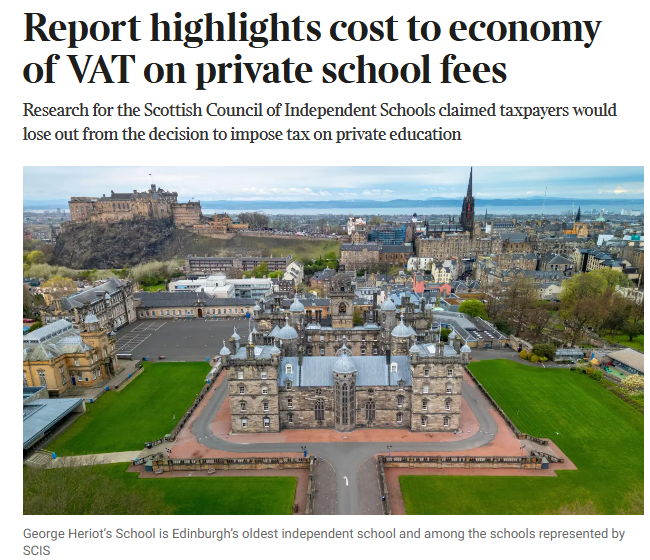 Imposing VAT on private schools has already cost the Scottish economy £60m &amp; 900 jobs, according to a new report from a Scottish economics consultancy.

While the imposition of VAT in the current year is fiscally positive to the tune of £10m, this will turn into a £16m deficit in