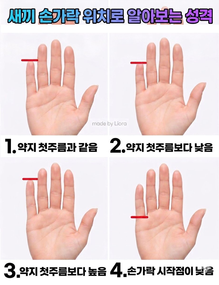 새끼 손가락 위치로 알아보는 성격

자 ! 오른손을 펴봅시다 !

근데 난 왜 1,4번 두개지..?

4번은 다 낮은거 아니야? 나만 낮아?

해설은 댓글에