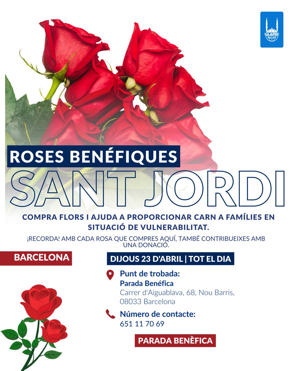 🌹 Este Sant Jordi, regala algo más que una rosa 🌹

Únete a nuestra iniciativa solidaria y convierte tu gesto en ayuda real. Con cada rosa que compres, estarás contribuyendo a proporcionar alimentos a familias en situación de vulnerabilidad.